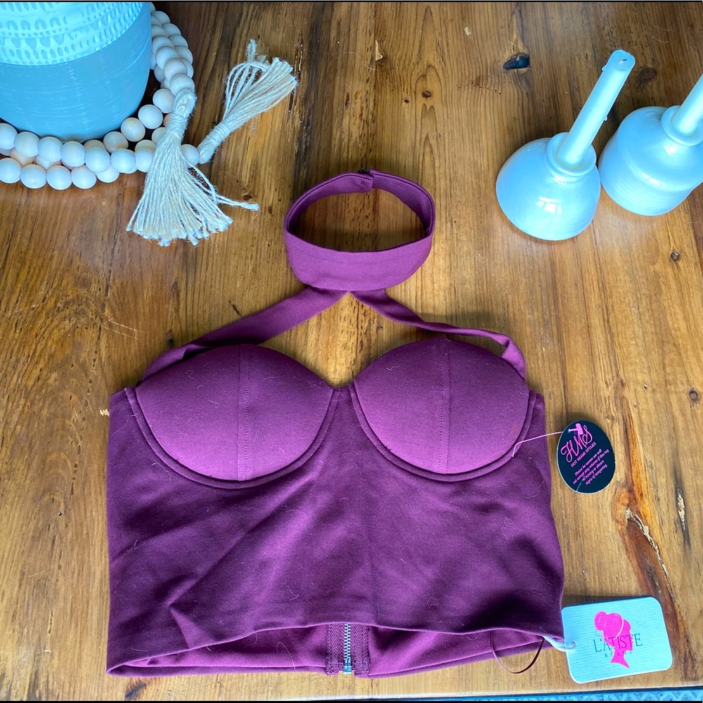 Hot Miami Styles Wine Colored Padded Crop Top with Neck Strap NWT